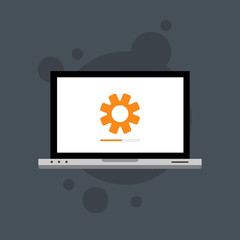Laptop and gear icon isolated on colored background. Laptop service concept. Adjusting, service, setting, maintenance, repair, fixing. Logo design template element. Vector Illustration
