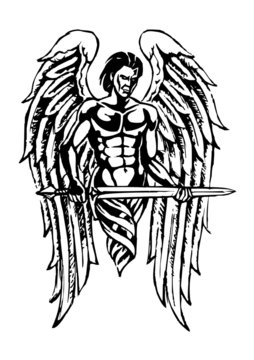 angel of revenge and war with big wings and sword, angel warrior, black and white drawing