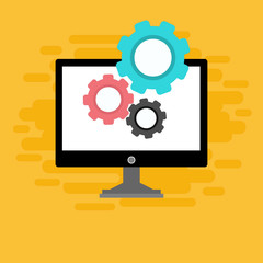 modern Computer monitor and gears. Monitor service concept. Adjusting app, setting options, maintenance, repair, fixing monitor concepts. Set icons colorful. Vector Illustration