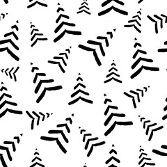 Seamless monochrome pattern with minimalistic hand drawn black Christmas tree isolated on white background. New Year minimal concept. Vector illustration. Card, invitation, banner, wrapping, prints