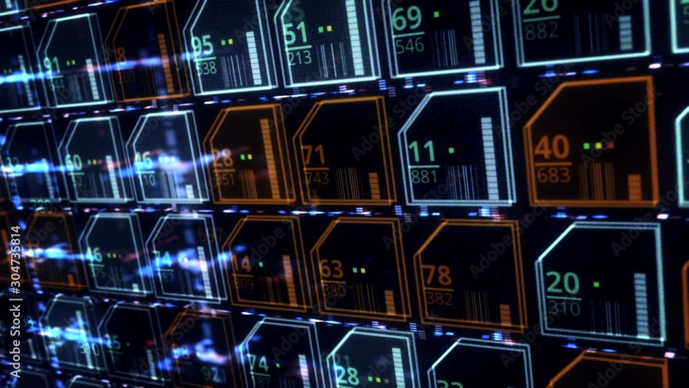 Poster close up of an abstract circuit board with colorful microchips, seamless loop. animation. technology