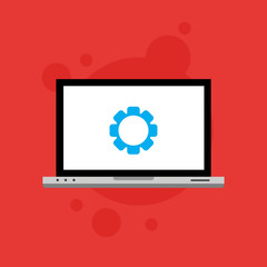 Laptop and gear icon isolated on colored background. Laptop service concept. Adjusting, service, setting, maintenance, repair, fixing. Logo design template element. Vector Illustration