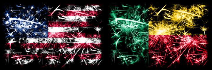 United States of America, USA vs Benin, Beninese New Year celebration sparkling fireworks flags...