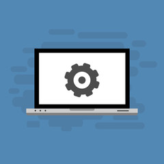 Laptop and gear icon. Laptop service concept. Adjusting app, setting options, maintenance, repair, fixing Vector Illustration