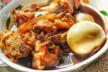 Eggs and pork in a bowl