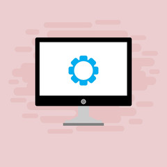 Computer monitor and gears icon isolated. Monitor service concept. Adjusting app, setting options, maintenance, repair, fixing monitor concepts. Set icons colorful. Vector Illustration