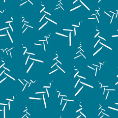 Seamless trend pattern with minimalistic hand drawn white Christmas trees isolated on mosaic blue background. New Year minimal creative concept. Vector illustration. Wallpaper, fabric, textile.