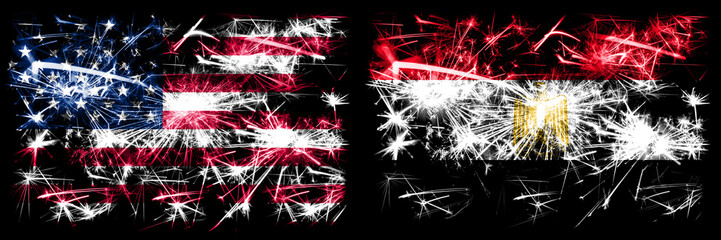 United States of America, USA vs Egypt, Egyptian New Year celebration sparkling fireworks flags concept background. Combination of two abstract states flags.