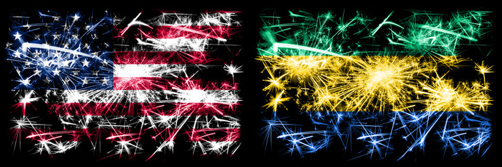 United States of America, USA vs Gabon, Gabonese New Year celebration sparkling fireworks flags...