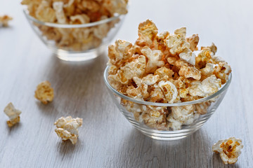 Popcorn in a glass bowl.