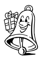 Christmas bell mascot with gift box with ribbon, black and white clipart