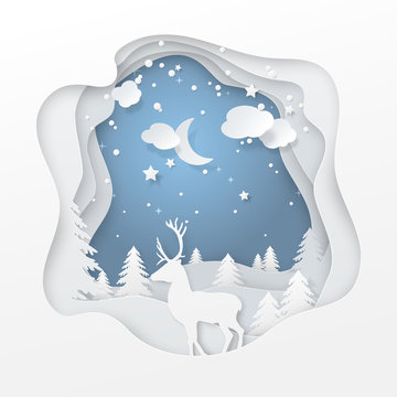 Vector winter night scene with deer and fir trees, clouds, moon, stars, snowfall on blue background. Festive layered layout with 3D realistic paper-cut symbols of Christmas season for holiday banner.