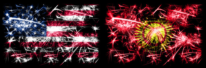 United States of America, USA vs Kyrgyzstan New Year celebration sparkling fireworks flags concept background. Combination of two abstract states flags.