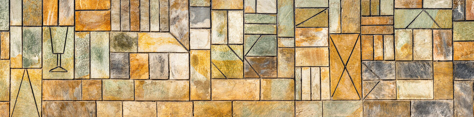 Facing tile banner. Ornament background. Geometric background. Ancient geometric wall. Specific wall. Special background. Geometric wall groundwork with different forms. Pattern, Sample. Wallpaper
