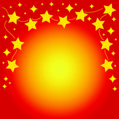 Vector shiny garland with golden sparkles & hand-drawn stars on bright red background. Christmas and New Year festive design elements. Stars garland background. Vector red background with shiny stars