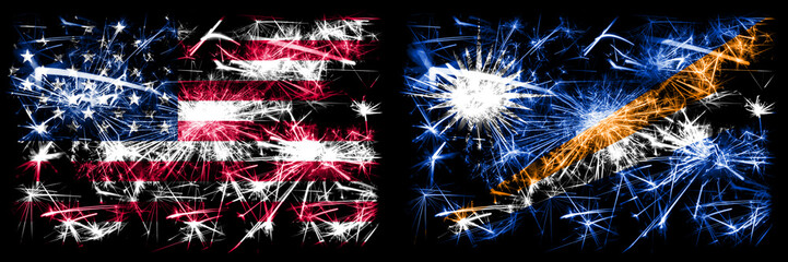 United States of America, USA vs Marshall Islands New Year celebration sparkling fireworks flags...