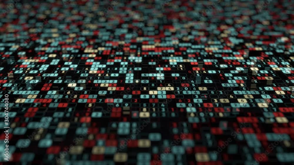Aufkleber abstract display with endless rows of cells with numbers that changing constantly on black backgroun
