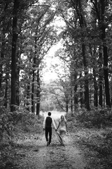 Black and white foto the newlyweds walk hand in hand along the path in the forest. Back view. Bride and groom enjoying romantic moment together on wedding day. The concept of youth, love and lifestyle