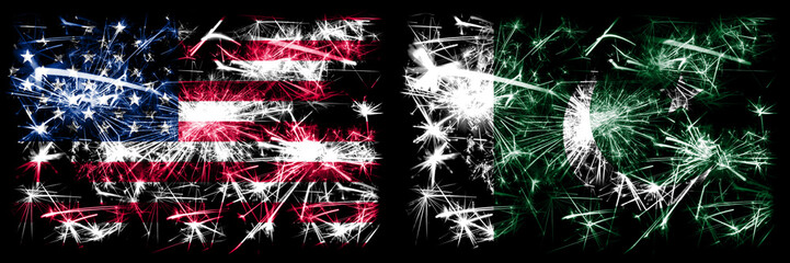 United States of America, USA vs Pakistan, Pakistani New Year celebration sparkling fireworks flags concept background. Combination of two abstract states flags.