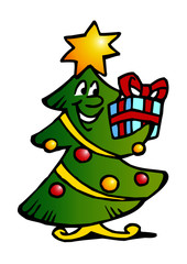 Christmas tree mascot with big star and gift box with ribbon, color clipart
