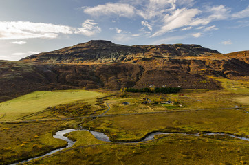 Iceland, typical Islard landscape, view from the top to a small river