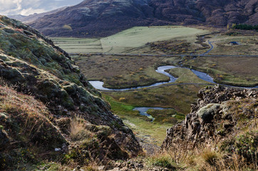 Iceland, typical Islard landscape, view from the top to a small river