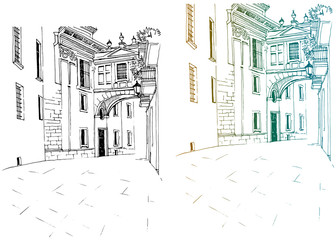 Urban line sketch with landscape of the old European city. Valencia. Spain. Old street in hand drawn style on white background.