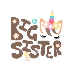 Big Sister vector file. Unicorn clip art. Birthday party decor. Isolated on transparent background. 