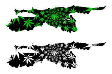 Sucre State (Bolivarian Republic of Venezuela, States, Federal Dependencies and Capital District) map is designed cannabis leaf green and black, Sucre map made of marijuana (marihuana,THC) foliage....