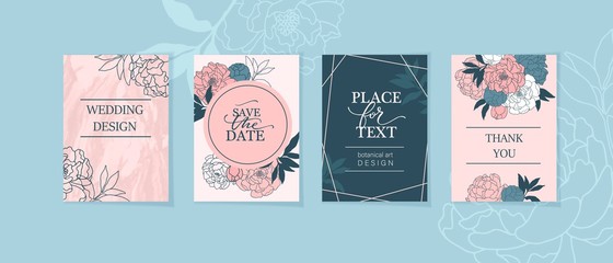 Elegant card template with flower peonies and marble texture. Wedding, invitation 