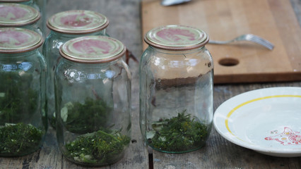 Photo of finished cans for preservation at home. Composition of empty cans for preservation at home background