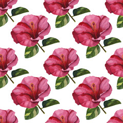 Watercolor seamless floral pattern with hibiscus hand drawing decorative background. Ethnic seamless pattern ornament. Print for textile, cloth, wallpaper, scrapbooking