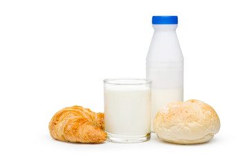Pasteurized fresh milk in the glass with bread and plastic bottle on white background with clipping path.