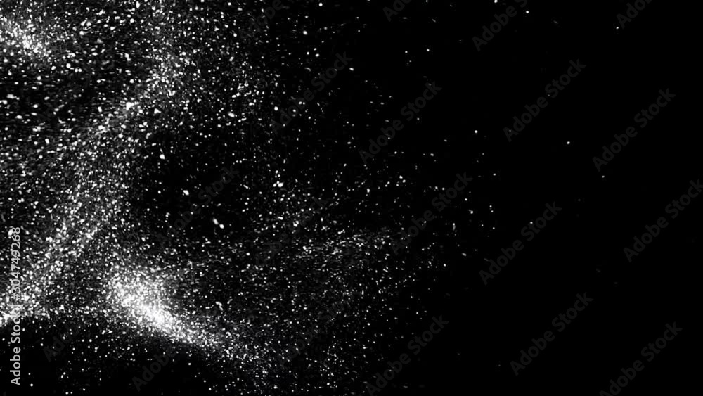 Poster abstract white dust particles floating on black background, monochrome. animation. white dynamic mot