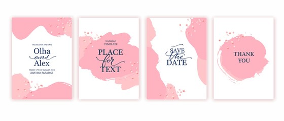 Wedding invitation hand drawn card. Brush stroke design. Blush brush and rose gold style.