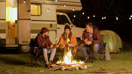 Group of happy friends around burning camping fire - obrazy, fototapety, plakaty