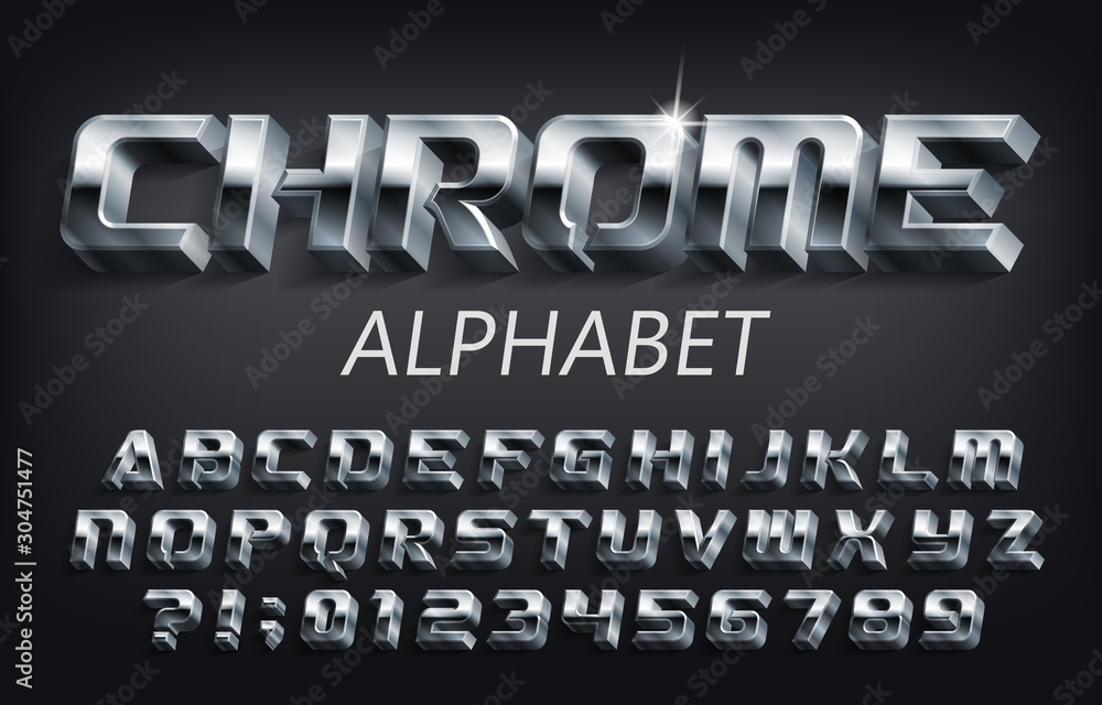 Fototapete 3d chrome alphabet font. futuristic metallic letters, numbers and symbols with shadow. stock vector 