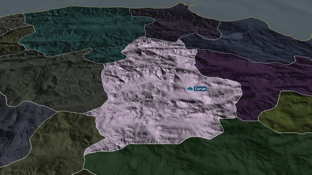 &Ccedil;orum - province of Turkey with its capital zoomed on the administrative map of the globe. Animation 3D