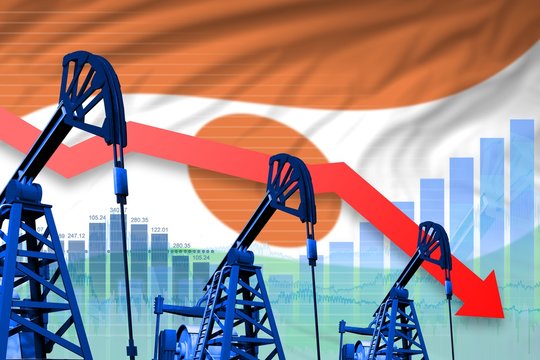 lowering, falling graph on Niger flag background - industrial illustration of Niger oil industry or market concept. 3D Illustration