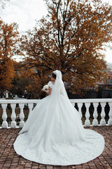 Full length rear view of one beautiful sensual young bride in long white wedding dress and veil standing and holding bouquet outdoor. Charming autumn bride