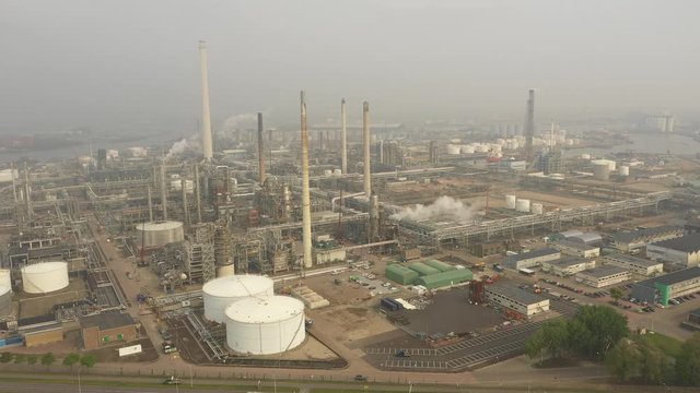 Distant drone flight of oil refinery and petrochemical processing facility of Shell in the Netherlands