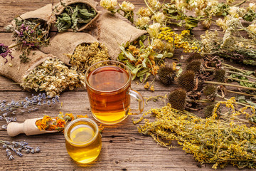 Tea with honey. Herbal harvest collection and bouquets of wild herbs. Alternative medicine. Natural pharmacy, self-care concept