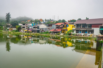 Kanchanaburi/Thailand-1 July 2017:Etong village the hidden village in the mist and the lake in front of village at kanchanaburi city Thailand.Pilok mine The Old mine near the Thai-Myanmar border