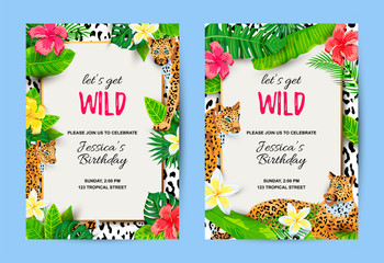 Leopards with tropical leaves, flowers, wild party invitations set. Place for text. Vector illustration for flyer, birthday, tropical party, banner, poster. © Natalia