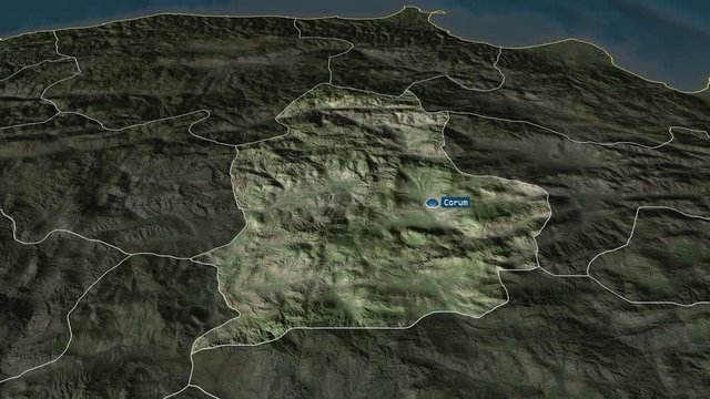 &Ccedil;orum - province of Turkey with its capital zoomed on the satellite map of the globe. Animation 3D