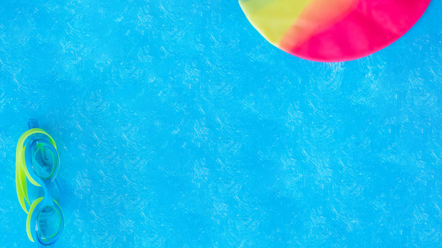 Swimming pool sport crawl swimmer flat lay banner. accessories for in water pool lane training for competition. Healthy active lifestyle banner 3x8