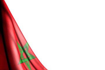 wonderful feast flag 3d illustration. - isolated image of Morocco flag hangs in corner - mockup on white with place for your text