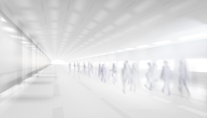 Long hall. People walking through the underground passage. Shopping gallery corridor. Vector illustration.