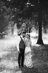 Sensual Black and white foto of bride and groom. Stylish couple of happy newlyweds posing in the park on their wedding day. Handsome bearded groom admires and kisses pretty bride. Together.