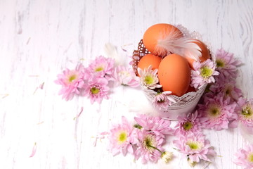easter eggs in basket with flowers